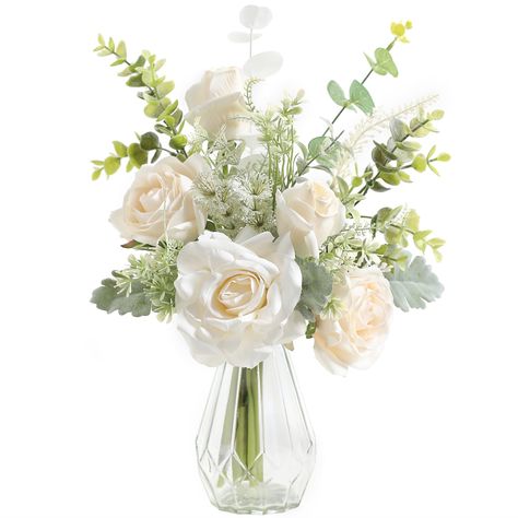 PRICES MAY VARY. Artificial Flowers in Vase:Flower arrangement with vase include white roses, artificial eucalyptus, flowers Flocked Lambs Ear, fake plants and matching one grass vase. Please put fake flowers bouquet in it when you get the product. Material: The white artificial flower is made of high quality silk and plastics,Flower arrangements artificial in vase can be bent or cut, the perfect combination of bouquets and vases, which is very suitable for rustic home decor, Christmas table cen Dining Table Flower Vase, Mediterranean Flowers Arrangements, Artificial Flower Arrangements For Table, Flower Centerpieces For Party, White Roses Vase, Eucalyptus In Vase, Romantic Flower Arrangements, Living Room And Dining Table, Plant Eucalyptus