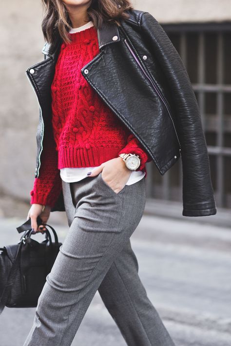 Red loves Grey Red Jumper Outfit, Red Sweater Outfit, Look Office, Jumper Outfit, Collage Vintage, Grey Outfit, Red Sweater, Blogger Style, Red Outfit