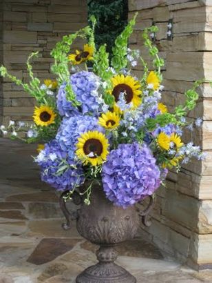 Sunflowers & Hydrangeas Hydrangeas And Sunflowers, Hydrangea And Sunflower Centerpiece, Sunflower And Blue Hydrangea Centerpieces, Arrangements With Hydrangeas, Ceremony Arrangements, Hydrangea Arrangement, Purple Hydrangeas, August Flowers, Wedding Flowers Hydrangea