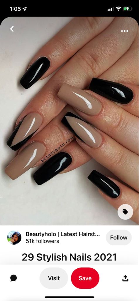 Black And Tan Acrylic Nails Coffin, Black And Beige Nails Acrylic, Dip Powder Nails With Designs Black, Neutral With Black Nails, Black Gel Nail Designs Coffin, Beige Nails Black Tips, Tan Nails Black Tip, Brown Nails Black Tips, Beige Nails With Black Design