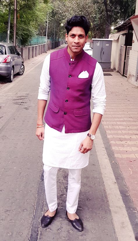 Purple nehru jacket men with white kurta outfit White Kurta Men With Jacket, White Kurta Outfit, Honey Outfits, White Kurta Men, Kurta Outfit, Stylish Men Wear, Kurta Men, White Kurta, Nehru Jacket