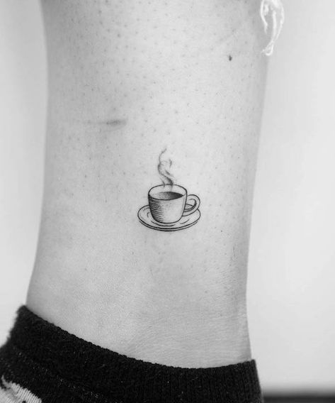 Small Coffee Cup Tattoo Simple, Simple Coffee Mug Tattoo, Coffee Mug Tattoo Ideas, Coffee Small Tattoo, Coffee Cup Tattoo Design, Espresso Tattoo Ideas, Teacup Tattoo Design, Tiny Coffee Tattoo, Coffee Cup Tattoo Ideas