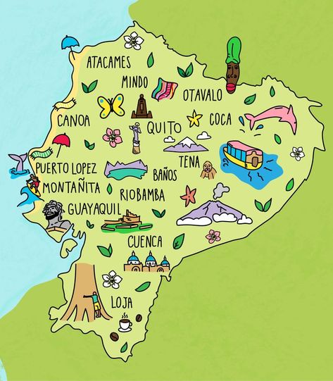 Ecuador Map (Illustrated) Ecuador Bulletin Board, Ecuador Map, Geography Project, Ecuador Travel, Drawn Map, American Continent, Quito Ecuador, Tumblr Stickers, Travel Photography Inspiration