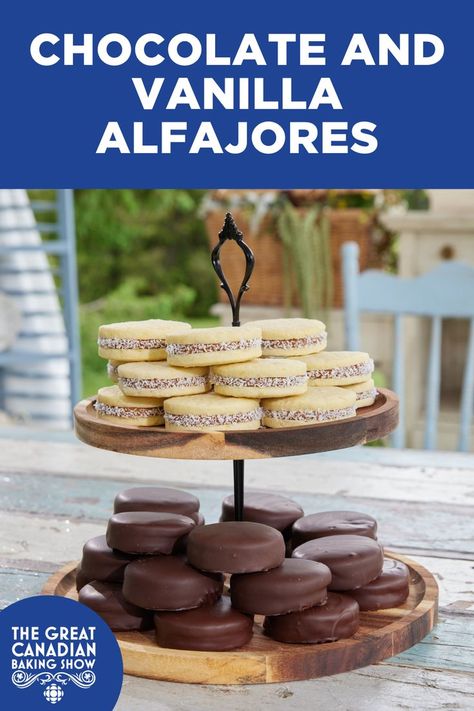 A two-tiered cookie tray with Chocolate Alfajores on the bottom and Vanilla Alfajores on the top tier. Canadian Baking Show Recipes, Canadian Baking, American Sandwich, Sandwich Cookie, Buttery Biscuits, British Baking, Sandwich Cookies, Baking Ideas, Oven Racks