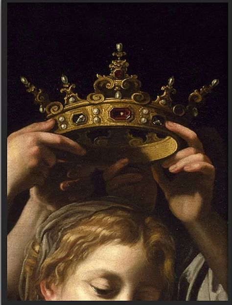 Crown Being Placed On Head, Poet Esthetics, Female King Aesthetic, Queen Painting Aesthetic, Crowning Aesthetic, Crown Oil Painting, Placing Crown On Head Reference, Crown Icon Aesthetic, Hands Holding Crown Reference