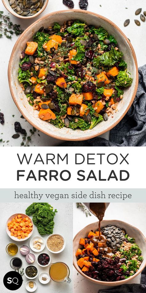 This Warm Detox Farro Salad is a delicious healthy vegan side dish that is perfect for winter. But when the weather is chilly, a raw and fresh salad isn't always what I'm craving. That's when I turn to hearty grain-based salads with veggies. This easy to make healthy salad is packed with nutrients, vegetables and flavor. Ingredients: Sweet potato, Onion, Garlic, Thyme, Farro, Kale, Dried Cherries, Pumpkin Seeds and Balsamic Dressing (Olive oil, Balsamic vinegar, Dijon mustard). | Simply Quinoa Farro Veggie Salad, Vegan Grain Salad Recipes, Farro Sweet Potato Recipes, Sweet Potato Farro Salad, Warm Vegan Salad, Seed Salad Recipes, Warm Farro Salad, Warm Winter Salad, Healthy Grains Recipes