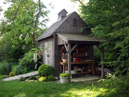 sweet. maybe too country, too cute, but siding is nice. like the offshoot roof and porch, too. Country Carpenters, Shed Inspiration, Greenhouse Shed, Country Gardens, Backyard Sheds, Potting Sheds, Outdoor Sheds, Wood Shed, Potting Bench