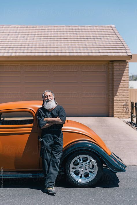 Stock Photo of  Cool Senior Man With His Classic vintage Hot Rod Car outside in His Home by Raymond Forbes Photography for Stocksy United #hip #cool #seniorlifestyle #stockphoto #stockphotos #beard #oldmanstockphoto Mechanics Photography, Organizing Small Spaces, Classic Car Photography, Vintage Hot Rod, Retirement Humor, Awesome Beards, Hot Rods Cars, Senior Citizen, Car Guys