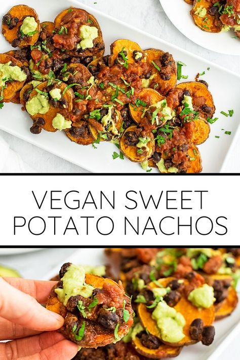 Vegan Sweet Potato Nachos, Potato Nachos Vegan, Vegan Sweet Potato Meals, Sweet Potato Nachos Healthy, Aip Nachos, Vegan Game Day Recipes, Paleo Superbowl Snacks, Postpartum Meal, Pretty Bowls