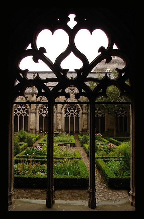 Square foot gardening raised beds? Window With A View, Mansion Homes, Gothic Windows, Gothic Garden, Formal Garden, The Cloisters, Formal Gardens, Open Window, Through The Window