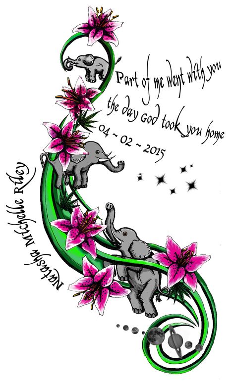 Elephant Memorial Tattoo Grandma, Elephant Tattoos For Grandma, Precious Moments Tattoos, Elephant Tattoos With Flowers, Elephant Memorial Tattoo, Lily Tattoo Sleeve, Elephant Family Tattoo, Grandma Tattoos, Tattoos For Dad Memorial