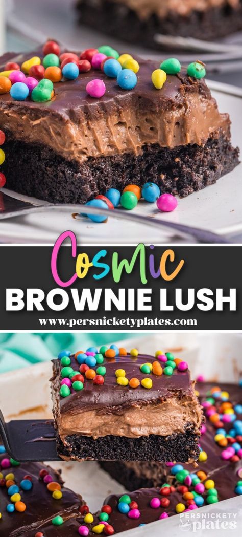 A cosmic brownie lush is a step above the classic cosmic brownie! We're starting with a base of rich, fudgy chocolate brownie and adding a cream cheese and chocolate pudding layer and then a chocolate ganache adorned with rainbow sprinkles. You can't get any more decadent or delicious! Birthday Cake Lush, Cosmic Brownie Ice Cream Sandwich, Cosmic Brownie Cake, Lush Dessert Recipes, Cosmic Brownie Recipe, Fun Brownies, Layered Brownies, Heavenly Dessert Recipe, Lush Desserts