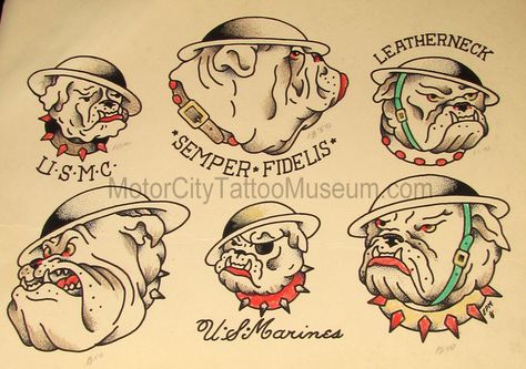 Usmc Tattoo, Vintage Tattoo Flash, Trad Flash, Nose Tattoo, Antique Tattoo, Tatoo Dog, Sailor Jerry Tattoo Flash, Trad Tattoos, Tattoo Museum