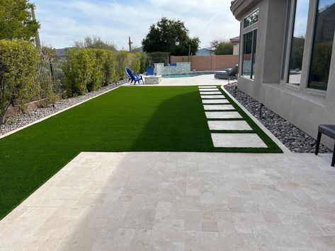 pavers-patios-backyard Cement And Turf Backyard, Las Vegas Backyard Landscaping Ideas, Pavers With Turf, Pavers With Grass In Between, Patio Outdoor Ideas, Turf Backyard Ideas, Backyard Pavers, Grass Backyard, House Fever