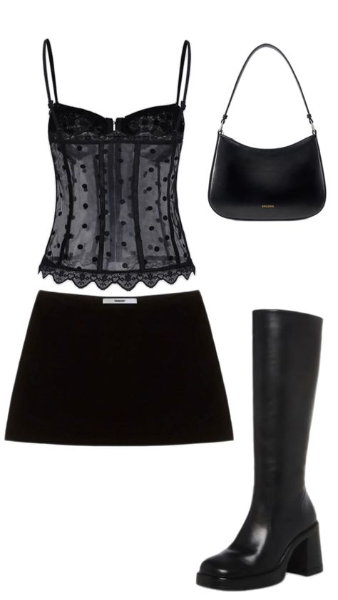 Black lace poka dot top with a black mini skirt paired with a matching leather boots and purse Black Concert Outfit, Concert Outfit Ideas, Fashion Design Drawings, Concert Outfit, Designs To Draw, Leather And Lace, Black Leather, Outfit Ideas, Concert