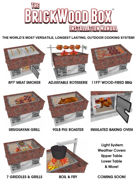 The BrickWood Box. The World's Most Versatile, Longest Lasting, Outdoor Cooking System!  Why do so many high-end restaurants use wood fired grills instead of gas or charcoal? Because food cooked with real wood just tastes better!  Enjoy the high-end taste that only real wood can bring to your BBQ with the BrickWood Box. As a complete all-in-one outdoor cooking system, the BrickWood Box is a fuel-efficient Wood-Fired BBQ, Meat Smoker, Pig Roaster, Adjustable Height Rotisserie, Boiler / Fryer, Uru Bbq Grill Design Outdoor, Grill Design Outdoor, Disposable Bbq, Build A Smoker, Pig Roaster, Brazilian Bbq, Grill Kit, Poultry Equipment, Bbq Pig