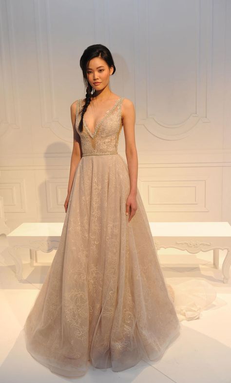 Extravagant champagne gown with plunging neckling | Galia Lahav Spring/Summer 2017 | https://www.theknot.com/content/galia-lahav-wedding-dresses-bridal-fashion-week-spring-summer-2017 Champagne Gown, Galia Lahav Wedding Dress, Wedding Dress Champagne, Galia Lahav, Bridal Fashion Week, Summer Wedding Dress, Dresses Dresses, Beautiful Gowns, Fancy Dresses