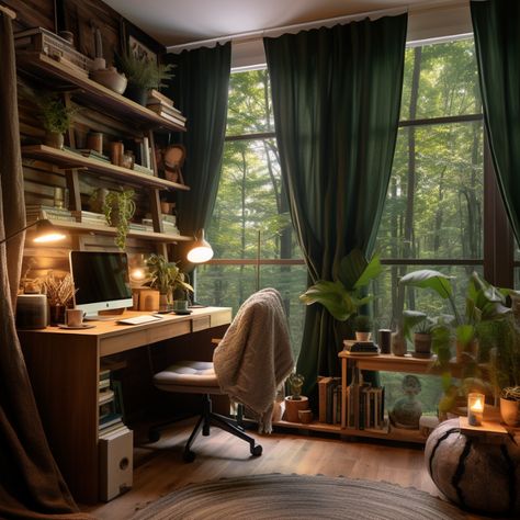 17 Nature-Inspired Home Office Designs to Awaken Your Soul Nature Office Decor, Authors Office, Green Office Walls, Forest Green Bedrooms, Home Office Green, Nature Office, Green Home Offices, Seattle Apartment, Home Office Designs