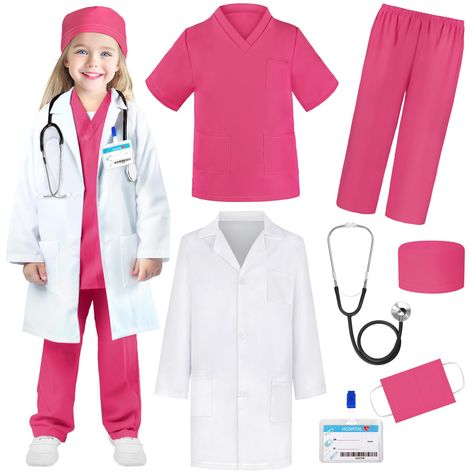 PRICES MAY VARY. Doctor Costume for Kids- YADIYA kids doctor costume include a kids scrub top, a pair of scrub pants, a surgical mask, a hat, a real stethoscope, and a doctor name tag. We choose soft fabric for kids fragile skin, wearing these kids doctor costume wouldn’t make the child feel any discomfort. 1 doctor set for two kids or more to participate in this doctor game together, one kid can wear a white doctor coat while the other kid wears a kids scrub as an assistant to take care of the Career Costumes For Kids, Career Day Costumes For Kids, Toddler Doctor Costume, Doctor Name Tag, Doctor Costume Kids, Kids Playing Doctor, Doctor Clothes, Kids Lab Coat, Kids Doctor Kit