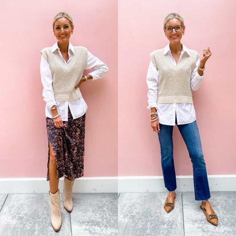 6 Summer to Fall Workwear Looks - Loverly Grey V Neck Sweater Vest Outfit, Fair Outfit Ideas Fall, Cropped Sweater Vest Outfit, State Fair Outfit Ideas, Fair Outfit Ideas, Well Dressed Life Wardrobe Challenge, Comfortable Dress Pants, The Well Dressed Life, Outfits For Teachers