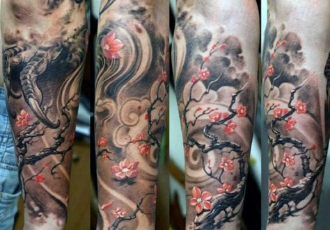 Realistic Cherry Blossom Tree Mens Forearm Sleeve Tattoo Designs Cherry Blossom Tattoo For Men, Cherry Blossom Tattoo Men, Cherry Tree Tattoos, Men Flower Tattoo, Cherry Blossom Tree Tattoo, Tree Sleeve, Tree Tattoo Men, Blossom Tree Tattoo, Hanya Tattoo