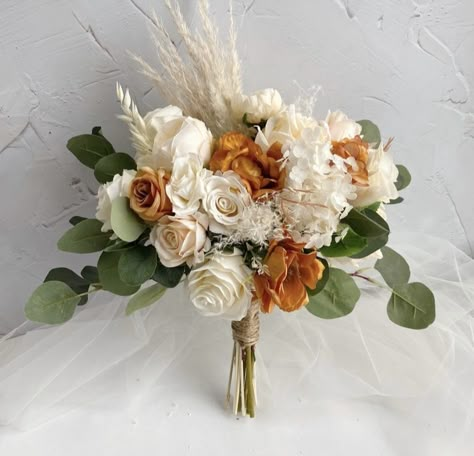 Faux Wedding Bouquet, Diy Wedding Bouquet Fake Flowers, Bridal Bouquet Green, Orange Bridal Bouquet, Silk Flower Wedding Bouquet, Bridesmaid Bouquet White, Orange Wedding Flowers, White Rose Bouquet, Sunflower Wedding Bouquet