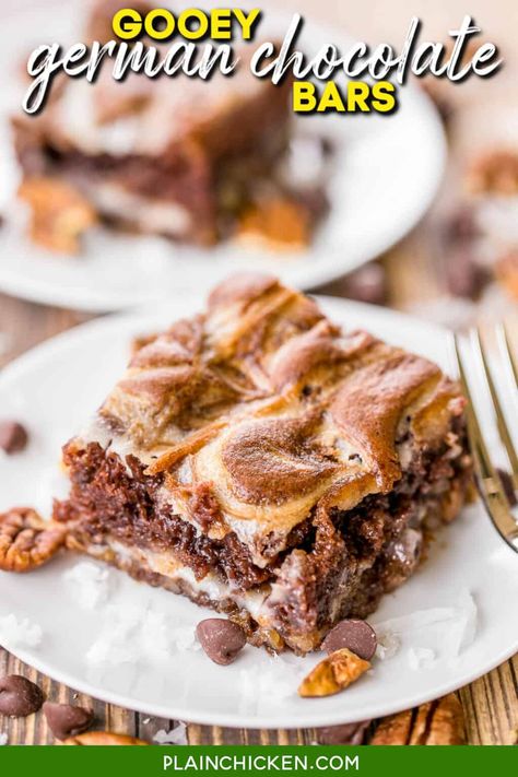 Easy German Chocolate Cake, German Chocolate Bars, Lunch Lady Brownies, German Chocolate Brownies, Cake Mix Bars, German Chocolate Cake Mix, Gooey Cake, Gooey Bars, Chocolate Bundt Cake