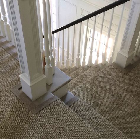 Natural sisal stair runner with cloth border. Runner Carpet Stairs, Sisal Stair Runner, Carpet Staircase, Custom Area Rugs, Runner Carpet, Beautiful Rugs, Natural Sisal, Stair Runner Carpet, House Stairs