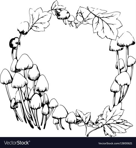 Drawn Mushrooms, Mushroom Circle, Drawing Borders, Picture Borders, Circle Borders, Mushroom Ring, Chalkboard Drawings, Frame Download, Mushroom Drawing