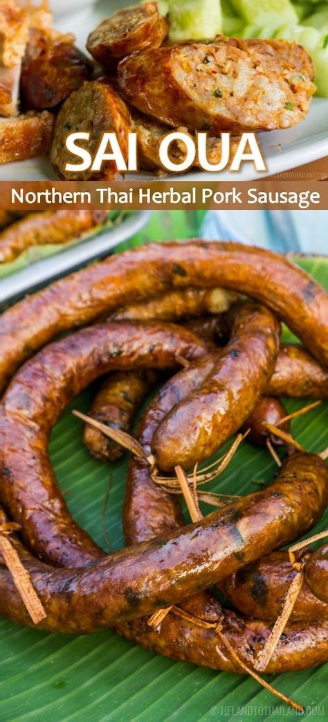 It's really pronounced “sigh oo-ah.” These long, circular coils of pork sausage can be easily spotted in Thai markets at being sold from food vendors. The prominent flavors of this Northern Thai sausage is lemongrass, kaffir lime leaf, and galangal. Definitely try it!  |  Tieland to Thailand Thai Sausage, Thai Food Dishes, Pork Sausage Recipes, Bratwurst Recipes, Homemade Sausage Recipes, Best Thai Food, Thailand Food, Thai Street Food, Indian Bread