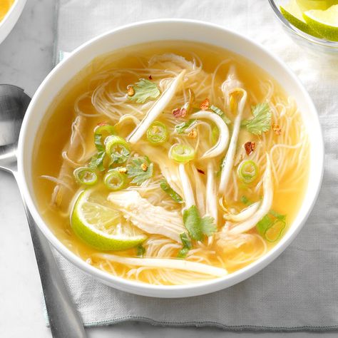 Thai Chicken Noodle Soup Recipe -This slow cooker soup is a semi-homemade version that coaxes all of the flavor out of a rotisserie chicken. All the prep work for this can be done the day before so you can toss it into the slow cooker with ease. —Beth Jacobson, Milwaukee, Wisconsin Thai Chicken Noodle Soup, Thai Chicken Noodles, Chicken Thai, Chicken Pho, Chicken Noodle Soup Recipe, Pho Soup, Pho Recipe, Breakfast Soup, Lime Leaves