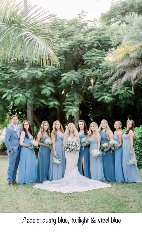 Steel Blue Azazie Bridesmaid, Steel Blue Bridesmaid Dresses Azazie, Azazie Blue Bridesmaid Dress, Blue Color Palette Bridesmaid Dresses, Mixed Blues Wedding Party, Guy Bridesmaid, Azazie Steel Blue, Blue Bridesmaid Dresses Mismatched, Shades Of Blue Bridesmaid Dresses