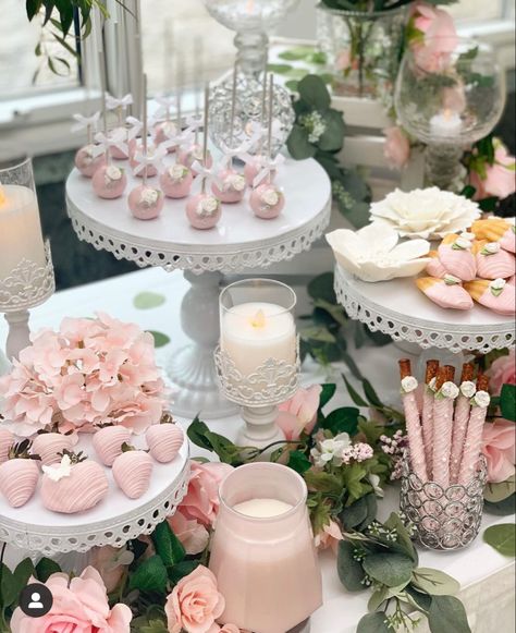 Floral Desserts Table, Dessert Table Tea Party, White And Pink Dessert Table, Pink Bridal Shower Dessert Table, Dessert Table Centerpiece Ideas, Bridal Shower Sweet Table Desserts, Pink And White Candy Table, Pink And White Dessert Table Ideas, Pink Dessert Tables Wedding