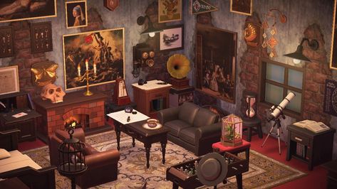 Acnh Classical Room, Acnh Interior Designs Upstairs, Animal Crossing Antique Room, Acnh Maximalist House, Acnh House Interior Spooky, Acnh Bunnie House, Acnh Blathers Study, Acnh Antique Cottage, Acnh Art Room