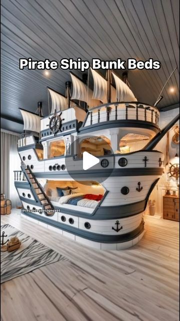 Pirate Ship Room, Kids Bunk Bed Ideas, Bunk Bed Bedroom Ideas, Kids Bedroom Bunk Bed, Pirate Ship Bedroom, Pirate Ship Design, Pirate Ship Bed, Pirate Bedding, Bunk Bed Ideas