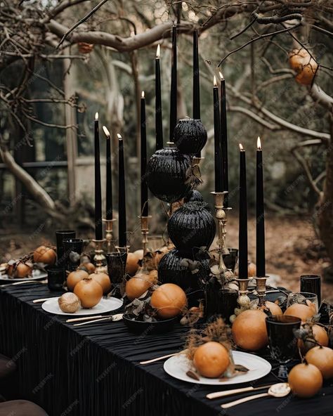 A table setting with candles pumpkins and other halloween decorations on it for an outdoor dinner party in the woods | Premium AI-generated image Edgar Allen Poe Dinner Party, Black And Orange Table Setting, White Thanksgiving Tablescapes, Table Setting With Candles, Orange Table Setting, Halloween Table Scape, Outdoor Micro Wedding, Party In The Woods, Outdoor Dinner Party