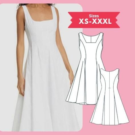 PDF Flared Dress Sewing Pattern - Sleeveless Square Neck Midi Dress - Size XS-XXXL - Digital Download - Sewing Tutorial - Printable Midi Dress Pattern, Square Neck Midi Dress, Women's Circle, Costura Diy, Baby Sewing Patterns, Couture Mode, Exclusive Dress, Square Neck Dress, Flared Dress