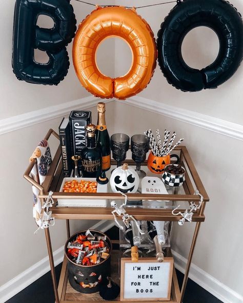 Halloween Bar Cart, Halloween Decorations Apartment, Letter Garland, Halloween Date, Halloween Bar, Halloween Movie Night, Pumpkin Display, Spooky Halloween Party, Bar Cart Styling