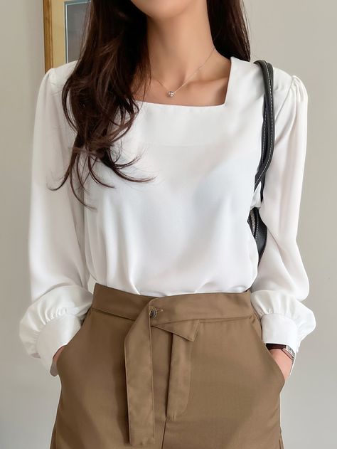 White Elegant  Long Sleeve Polyester Plain Top Embellished Non-Stretch  Women Tops, Blouses & Tee Puff Blouse Outfit, White Puff Blouse, Formal Blouses For Women, Thrift Board, Puff Blouse, Square Neck Blouse, Casual Professional, Plain Tops, Puff Sleeve Blouse