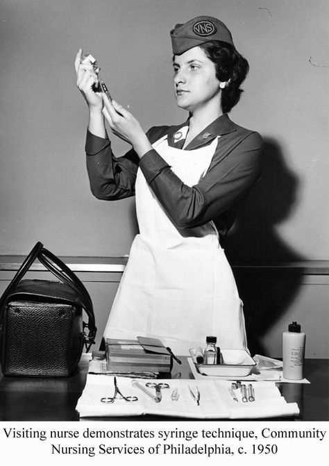 Visiting nurse demonstrates syringe technique, Community Nursing Services of Philadelphia, c.1950. Image courtesy of the Barbara Bates Center for the Study of the History of Nursing. Barbara Bates, Images Of Nurses, Nurse Vintage, Radiology Humor, History Of Nursing, Vintage Nursing, Nursing History, Community Nursing, Nurse Anesthetist