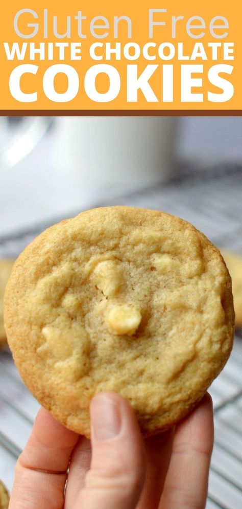 gluten free white chocolate cookies Gluten Free Butterscotch Cookies, Gluten Free Nut Free Cookies, Gf Cookies Recipes, White Chocolate Chip Cookies Gluten Free, Gluten Free Macadamia Nut Cookies, Gluten Free Honey Cookies, Easy Gluten Free Cookies, Gf Cookies, Gluten Free White Chocolate Macadamia