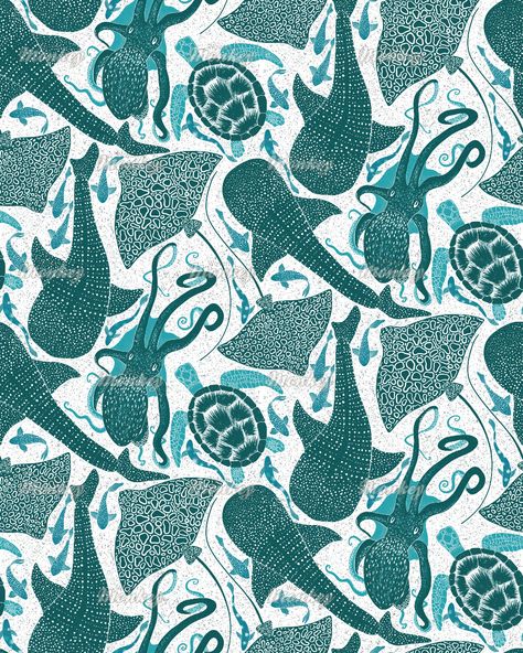 Whale Shark Eagle Ray Sea Turtle Octopus Fish Light Aqua Small | Fabric | Woven Monkey Whale Shark Art Wallpaper, Whale Shark Background, Sea Animals Aesthetic, Shark Lockscreen, Whale Shark Wallpaper, Whale Shark Pattern, Shark Fabric, Ocean Patterns, Sea Turtle Wallpaper