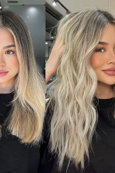 Straight to wavy transformation showcasing a sleek and shiny chestnut to blonde ombre on the left, flowing into a textured, tousled silver-toned blonde on the right with dark contrasting roots for a dynamic, dimensional look. Both styles maintain a long length that allows for versatile styling.  // Photo Credit: Instagram @theory_studioforhair Blonde Hair On Dark Roots, How To Blend Roots With Blonde Hair, Roots Blended Into Blonde, How To Blend Dark Roots With Blonde Hair, Bright Blonde Blended Root, Lived In Blonde Balayage Dark Roots, Brown Root Drag To Blonde, Hairstyles For Blondes, Wavy Lob Haircut