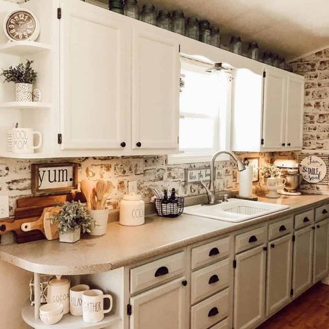 White Cabinets Brown Backsplash, Red Brick Backsplash, Brick Backsplash Ideas, Whitewash Brick Backsplash, Brick Kitchen Wall, Kitchen Brick Wall, White Brick Backsplash, Black Pulls, Brick Backsplash Kitchen