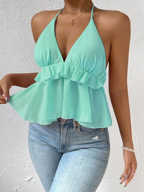 Green Sexy Collar  Woven Fabric Plain Halter Embellished Non-Stretch  Women Clothing Babydoll Tops, Business Casual Minimalist, Preppy Prom, Backless Halter Top, Top With Ruffles, Trendy Business Casual, Woman Outfit, Coachella Dress, Business Formal Dress