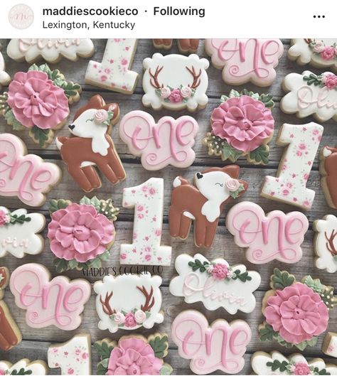 Deer Cookies, Deer Birthday Party, Cookie Birthday Party, 1st Birthday Girl Decorations, 1st Birthday Party For Girls, Twins 1st Birthdays, 1st Birthday Party Themes, 1st Birthday Themes