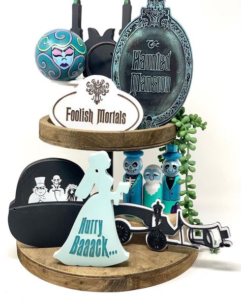 Haunted Mansion Tablescape, Haunted Mansion Diy, Disney Haunted Mansion Decorations, Diy Haunted Mansion Decor, Disney Tiered Tray, Disney Haunted Mansion Halloween Decor, Cricut Haunted Mansion, Haunted Mansion Halloween Decor, Disneys Haunted Mansion Decor