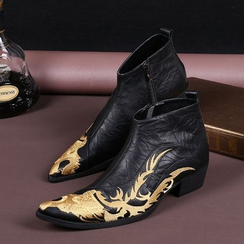 fashion Men Gold Dragon Embroidery Ankle Boots winter Plus Size Genuine Leather Black Zipper cowboy Boots Cowboy Motorcycle, Men Leather Boots, Embroidery Men, Embroidered Fashion, Dragon Embroidery, Mens Motorcycle Boots, Rock Boots, Boots Cowboy, Winter Ankle Boots