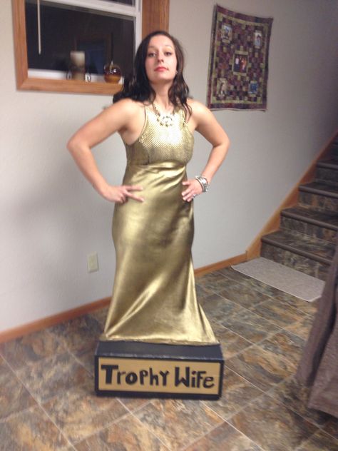 "Trophy Wife" costume,  unique DIY Halloween costume 2013 Trophy Wife Costume, Trophy Costume, Short Gold Dress, Fake Ring, Cubicle Ideas, Costume Unique, Easy Halloween Costumes For Women, Maurizio Cattelan, Diy Halloween Costume