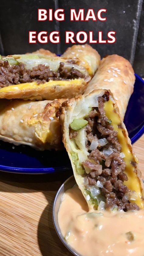 Air Fryer Big Mac Egg Rolls, Big Mac Egg Rolls Air Fryer, Hamburger Egg Rolls, Burger Egg Rolls, Big Mac Egg Rolls, Cheeseburger Egg Rolls, Burger Wrap, Egg Roll Ingredients, Avocado Egg Rolls